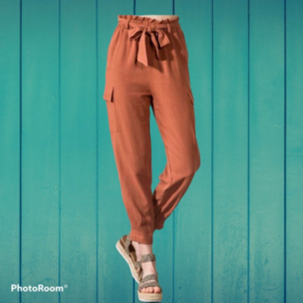 Women's Rust High Waisted Paper Bag Pants